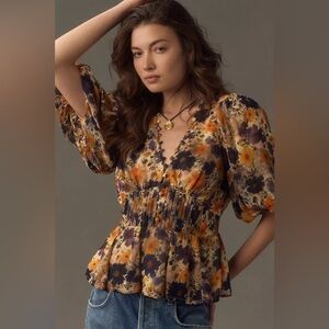 NWT Size S - By Anthropologie Sheer Peplum Blouse